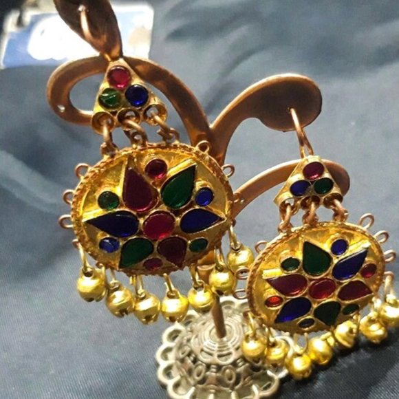 Golden Kuchi Dangle Earrings: Multicolor Glass Stone Tribal Jewelry - Picture 3 of 8
